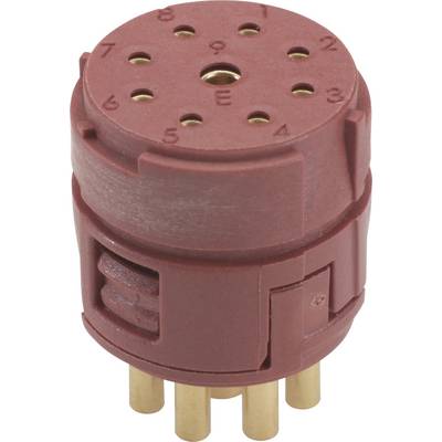 Red, round switch for household appliances with multiple golden pins and numerical markings.