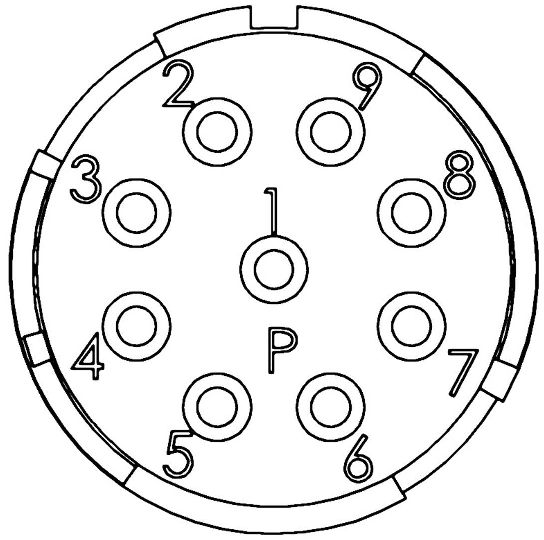 'Pin configuration of a connector with circular arrangement: 1 in the centre, surrounded by 2 to 9 in a clockwise direction.'