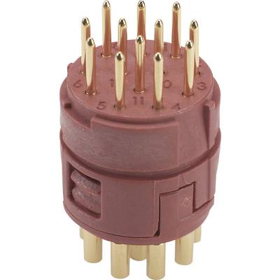 A red, cylindrical base with golden metal pins, numbered from 1 to 11. Electronic component for socket connections.
