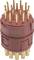 A round, red electrical connector with multiple golden pins for data transmission or power supply.