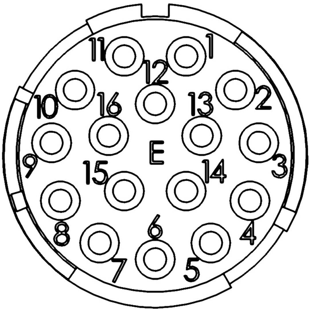 A diagram shows the pin configuration of a circular connector with 16 numbered contacts and a central earth contact.