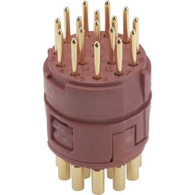 A round, red electronic connector with 22 golden pins arranged in two rows.