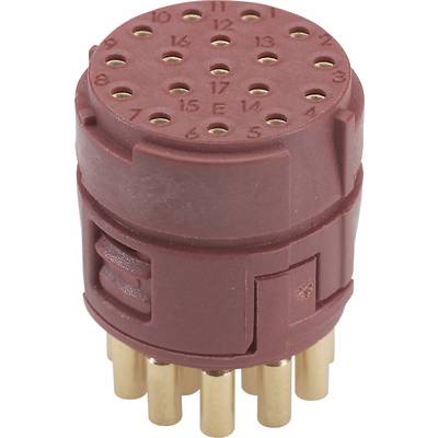 Red, cylindrical connector with 18 numbered holes and several golden pins at the lower end.