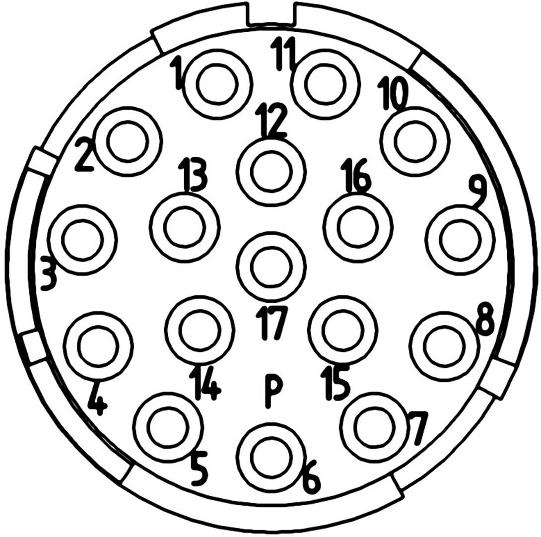Electrical circular connector diagram with 17 numbered socket positions. Socket positions are evenly arranged in a circle.