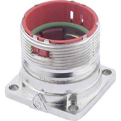 Metal socket housing with a red plastic edge and mounting flange. Suitable for use in electrical connections and machinery.