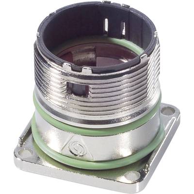 A silver, cylindrical electrical plug with a ribbed surface and green seal, mounted on a square base.