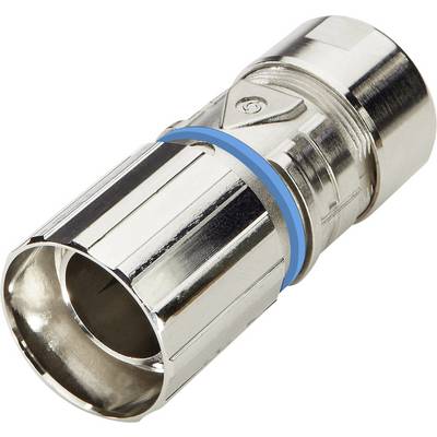A silver F-connector with a blue seal, used for coaxial cable connections.