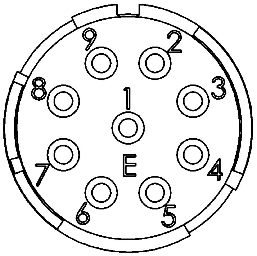 A circular connector pattern with nine numbered contact points (1-9) and a central contact marked with 'E'.