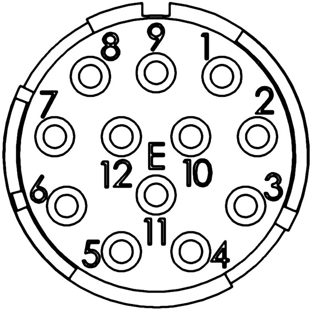 'Round pin diagram with 12 numbered pins. Centre marked with E. Pins are arranged circularly around the centre.'