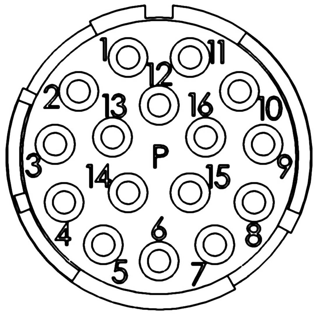 'Circular connector with 16 numbered pins and a central pin marked with P, housed in a circular casing.'