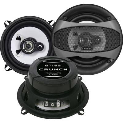 Three speakers from different angles. They display the GTI52 model by Crunch, with power specifications of 75/160 watts and 4 ohms.