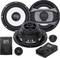 Car speaker set with two large speakers, two tweeters, and crossovers by the brand 'Crunch'.