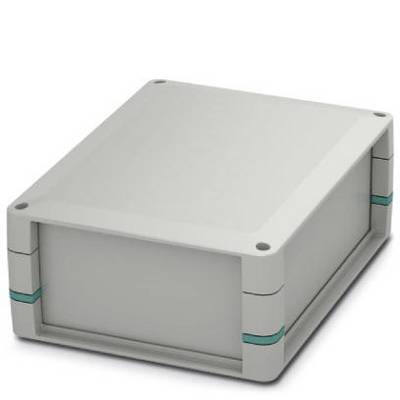 Grey rectangular plastic enclosure with rounded corners and blue stripes along the side connections.