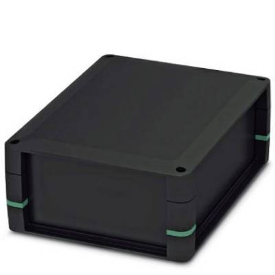 A black, rectangular enclosure with green accents at the corners, potentially used for electronic assembly.