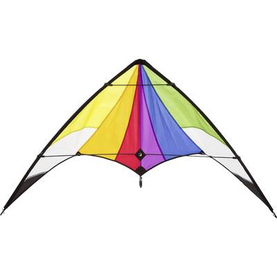 A colourful kite with yellow, red, blue, and green segments, symmetrically shaped, against a white background.