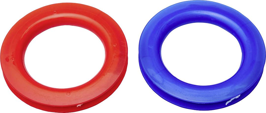 Two colourful plastic toys: a red and a blue ring, side by side on a white background.