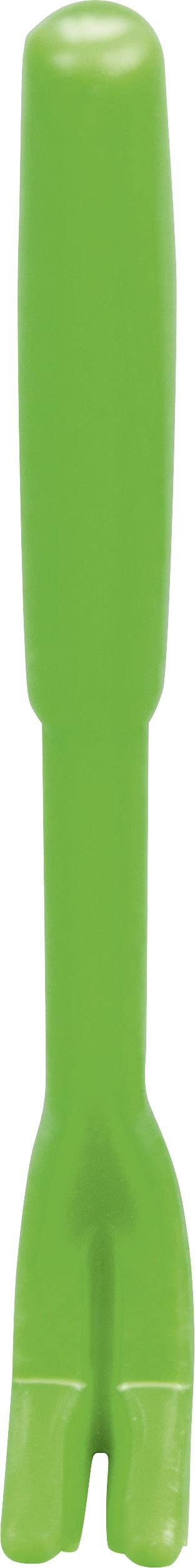 A green plastic bottle opener in the shape of a spanner, in an upright position. Suitable for opening drink bottles.