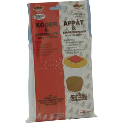 A packet with bait and replacement bag for a fly trap, red and white packaging with black and red text.