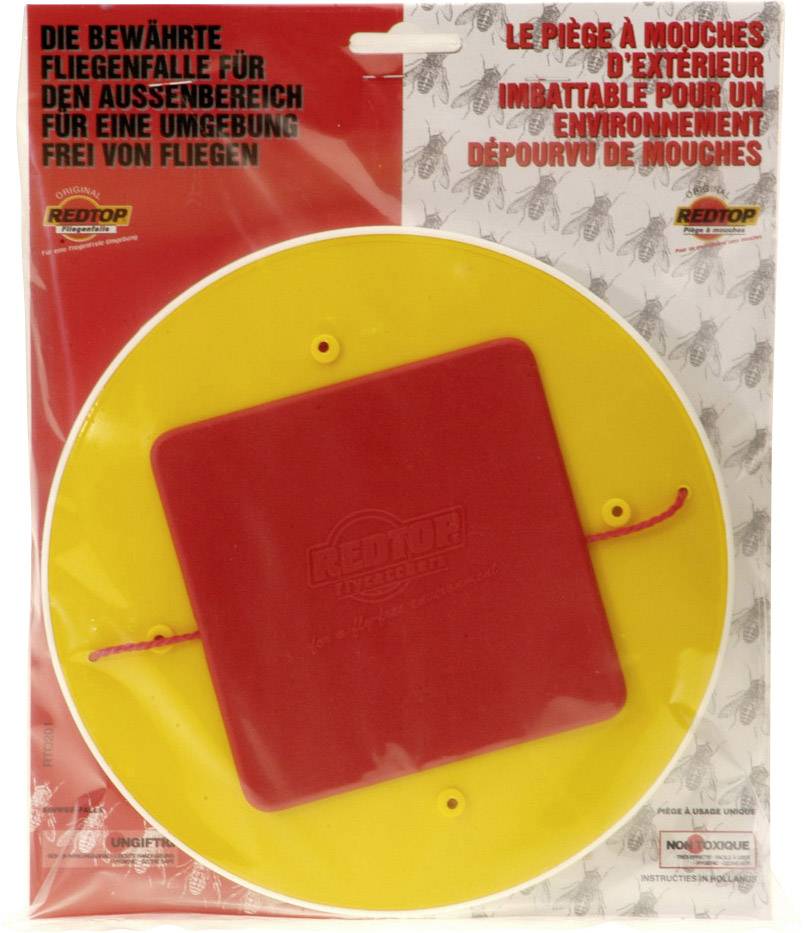 Packaging for an outdoor fly trap. Red and yellow colour design. Text in German and French.<br><br>(Note: As the original text appears to be a description rather than the actual packaging text, I've provided a direct translation in British English.)