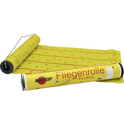 Fly paper with yellow paper and printed flies. A roll is wound up. Product for insect control.<br><br>In British English, this would be:<br><br>'Fly Trap' with yellow paper and printed flies. One roll is wound up. Product for pest control.