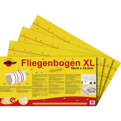'Fliegenbogen XL 60cm x 34.5cm' is a large yellow fly paper with red markings that captures and combats flies.