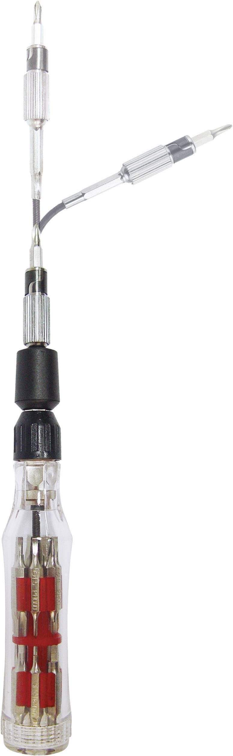 Multifunctional screwdriver with interchangeable bits in a transparent handle, shown with various bits attached.