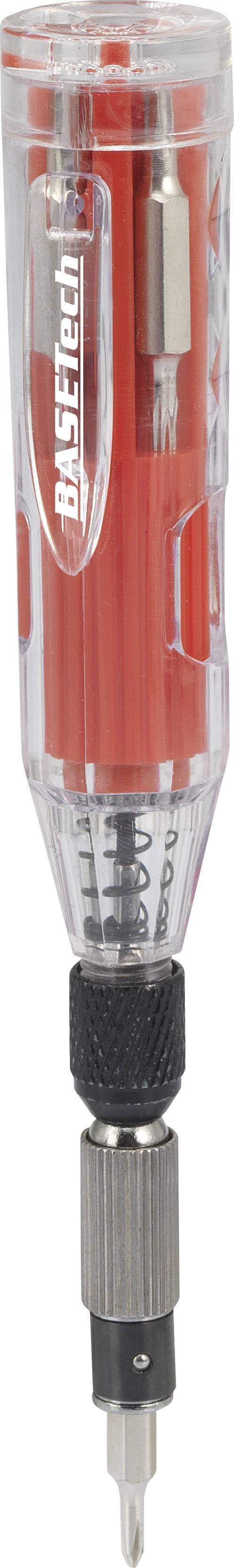 A red screwdriver with a transparent handle, brand 'Basetech', demonstrates the interchangeable bit mechanism.
