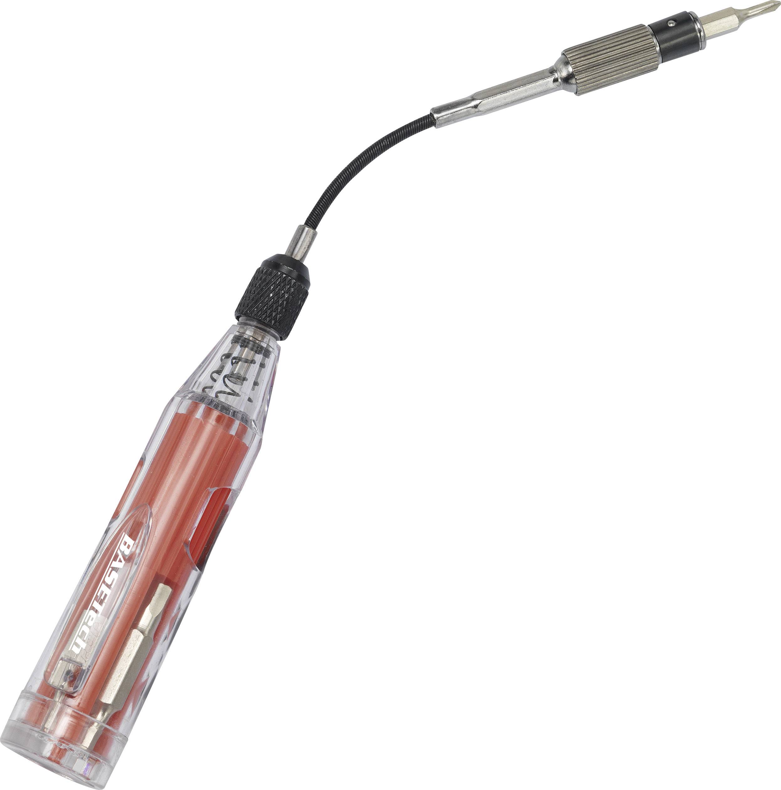 A transparent screwdriver with a flexible shaft that stores various bits in the handle area. 'PATENT' marking visible.