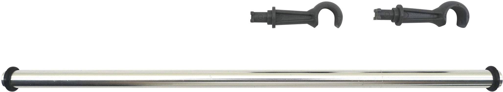 Silver curtain pole with two black, removable brackets.