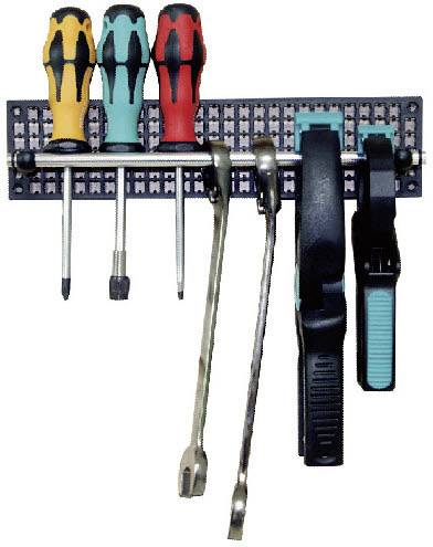 Tool holder with four screwdrivers, two pliers and two clips attached to a pegboard.