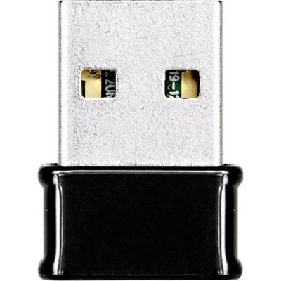 USB dongle, silver with black plastic section, close-up. Plugged in for wireless connection or data transfer.