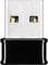 USB dongle, silver with black plastic section, close-up. Plugged in for wireless connection or data transfer.