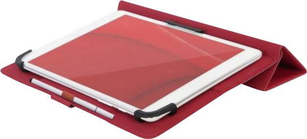 'Tablet in a red protective case with stand, display visible, stylus attached at the front.'