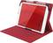 A tablet in a red protective case with an integrated stylus holder, positioned on a table.