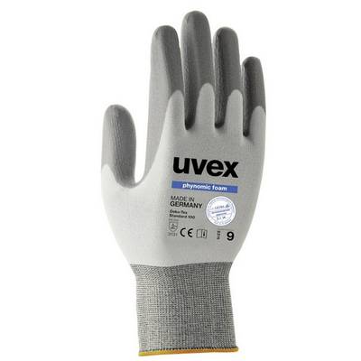 Cut-resistant glove with grey back of hand and dark grey palm. 'uvex' branding and certification logos visible.