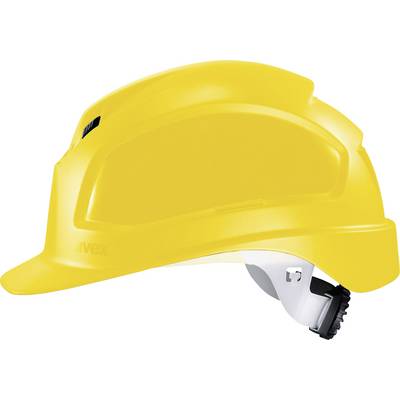 A yellow safety helmet with an adjustable fastening, suitable for construction sites and industrial environments.