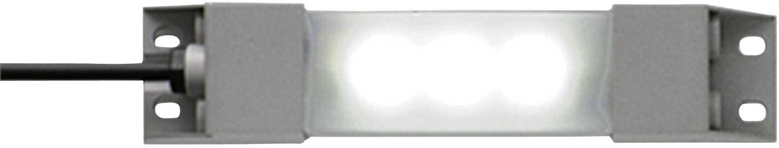 A rectangular, grey LED light, mounted with cable connection on the left. Suitable for illuminating and accentuating areas.