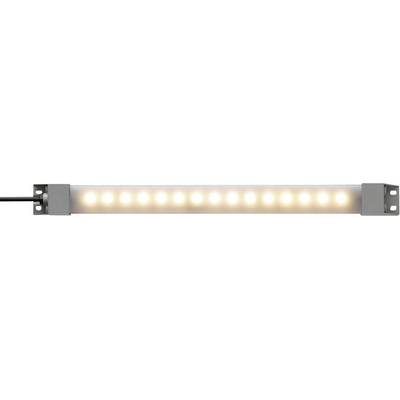 Industrial LED light with an elongated, silver housing and multiple illuminated LED lights behind a diffused protective cover.