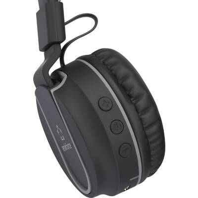 Black wireless headphones with an adjustable headband and side-mounted controls.