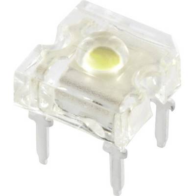 A LED component with a square, transparent housing and four metal terminals.