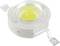 A white LED with a yellow light point in the centre, surrounded by a transparent plastic cover and two metal contacts.