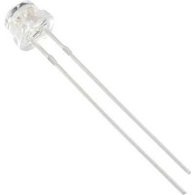 Two-legged light-emitting diode, transparent with a round cap, shows leg orientation and shape, typical for electronic circuits.