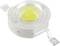 Small, round LED lamp with a yellow illuminating element in the centre and white, metallic contacts on both sides for electrical connection.