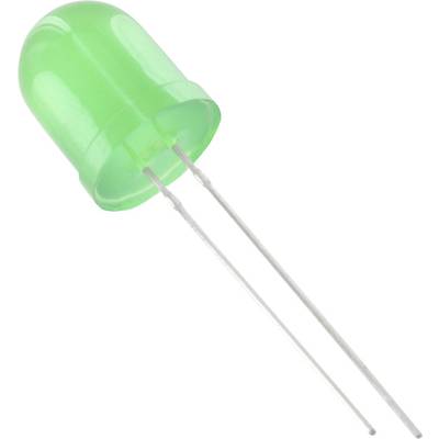 A green LED light with two long metal terminals, depicted on a white background.