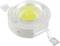 Round, yellow LED with clear dome on white housing. Two metallic terminals pointing in opposite directions.