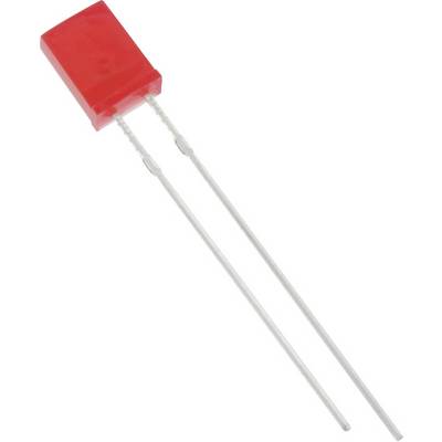 A red foil capacitor with two long, thin metal legs running parallel to each other.