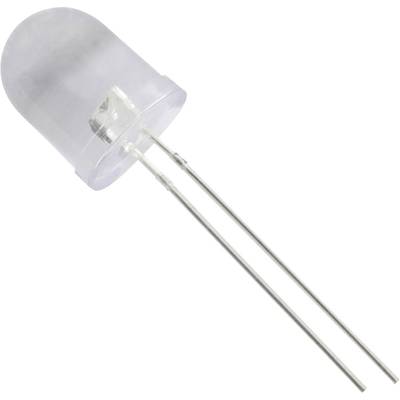 A transparent LED with two long metal terminals, suitable for electrical circuits.