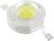 A yellow LED with a round, transparent dome on a white housing, showing the connections for positive and negative poles.