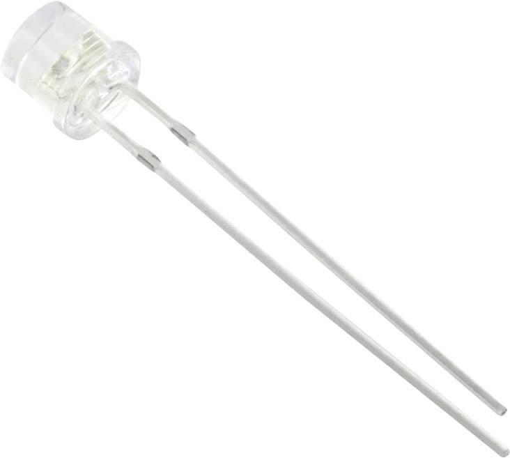 A transparent LED diode with two long metal leads, against a white background. It shows no electrical properties.