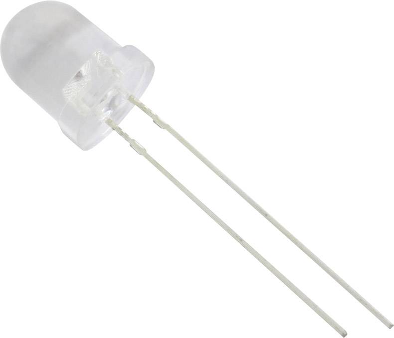 A transparent LED with two long metal leads. Key feature: compact, cylindrical design.
